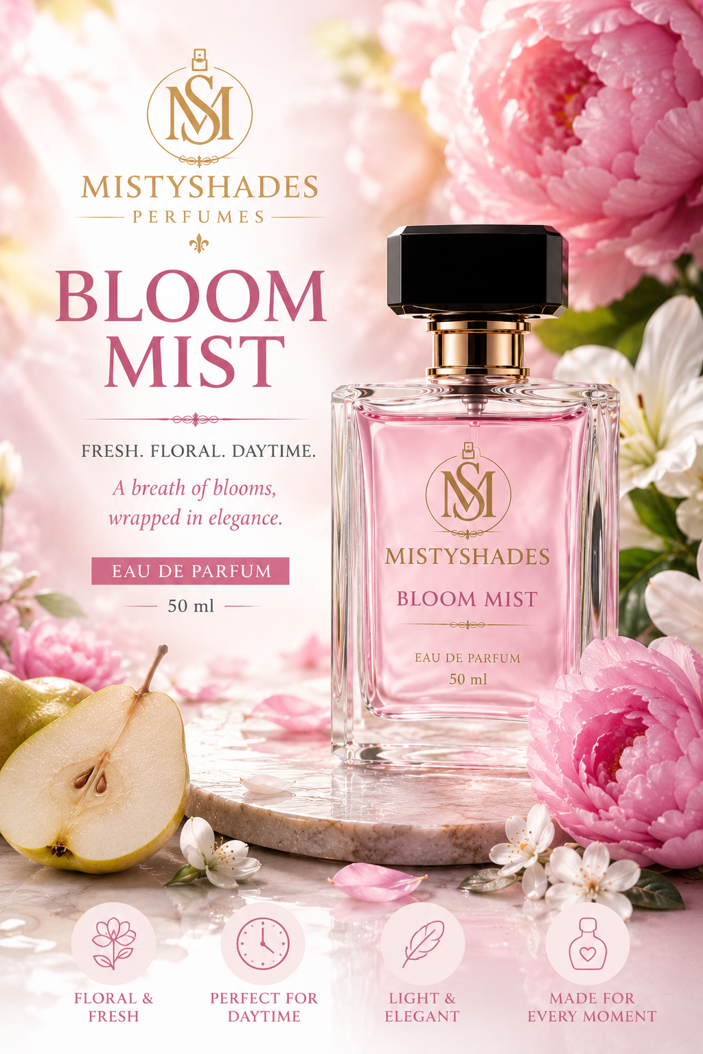 MistyShades Bloom Mist Eau de Parfum 50ml unisex floral fruity perfume with peony, mandarin, rose, sandalwood and patchouli